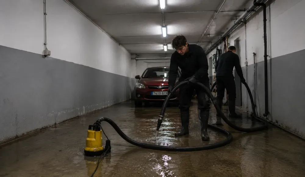 Operario achicando el agua de un garaje inundado con una bomba sumergible, con un coche dentro del agua