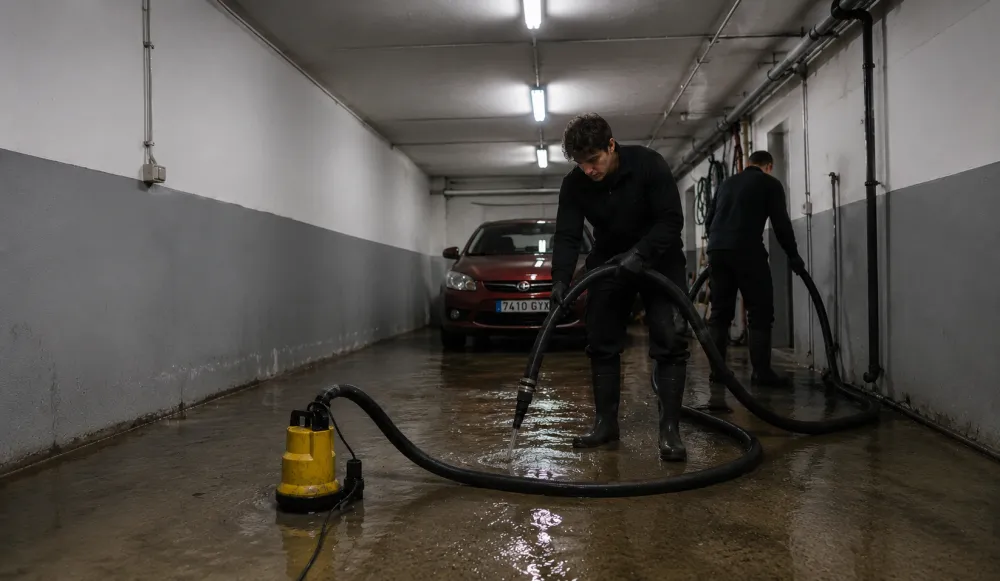 Operario achicando el agua de un garaje inundado con una bomba sumergible amarilla y manguera, con un coche parado dentro del agua y un segundo operario al fondo