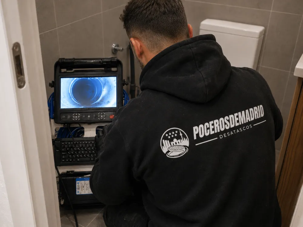 Técnico de Poceros de Madrid mirando el monitor de la cámara de inspección, que muestra el interior de una tubería, en el baño de una vivienda