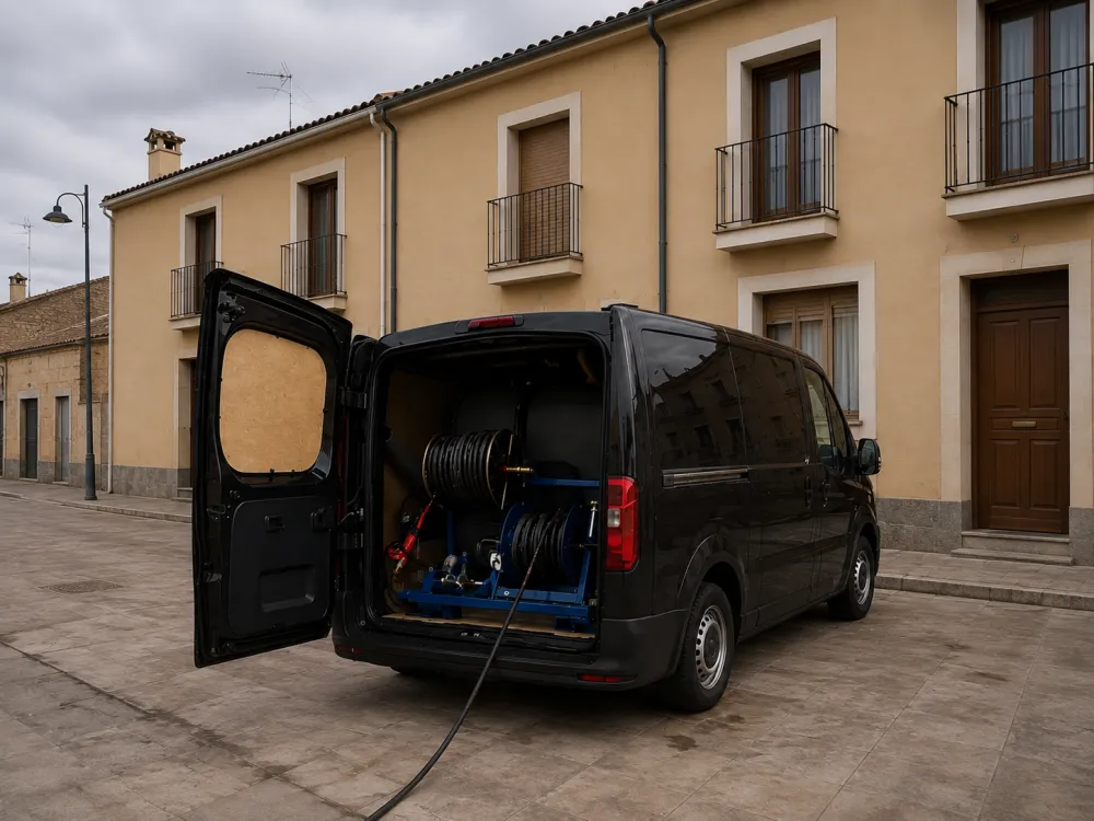 Furgoneta de Poceros de Madrid con las puertas traseras abiertas frente a un edificio de viviendas, con el equipo de desatasco de alta presión montado dentro y la manguera desplegada hacia el portal