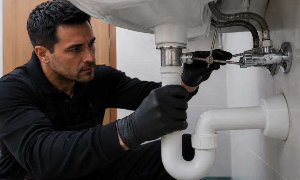 Fontanero con guantes apretando con una llave el sifón bajo un lavabo, con las llaves de escuadra y el latiguillo a la vista