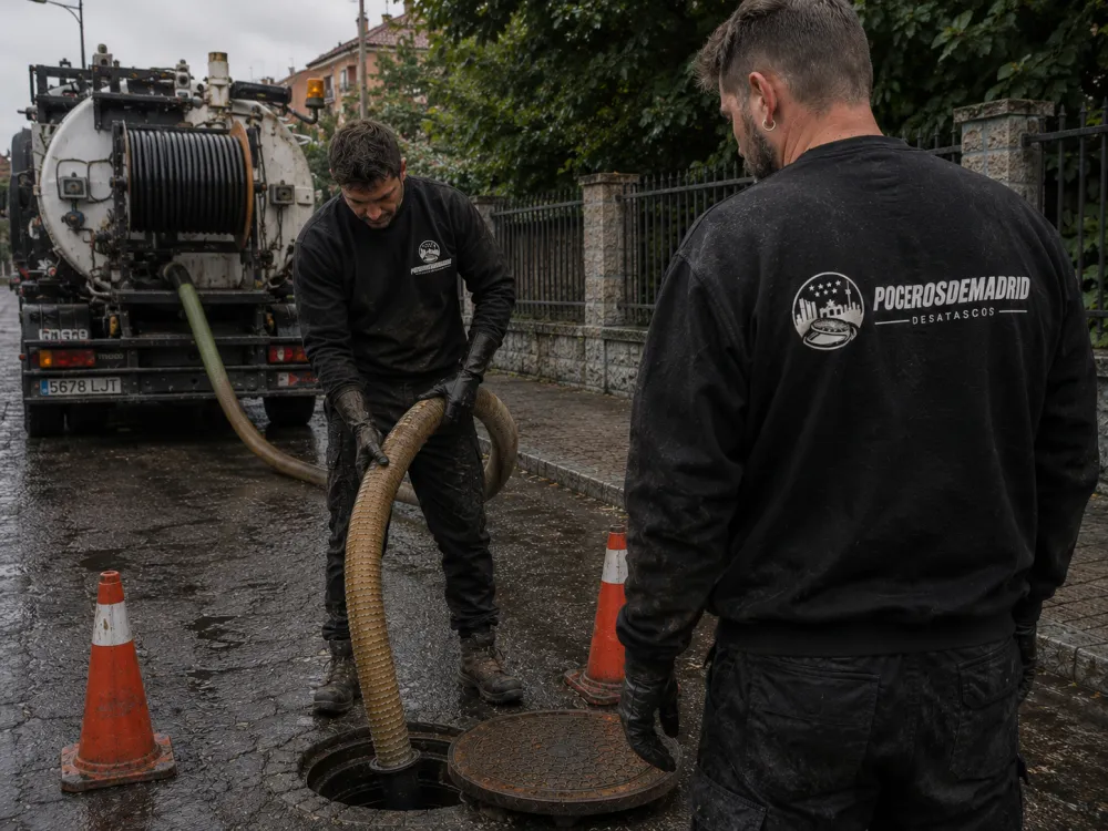 Dos operarios de Poceros de Madrid vaciando una arqueta de la calle con la manguera del camión cuba, con la tapa de registro apartada y conos de señalización alrededor