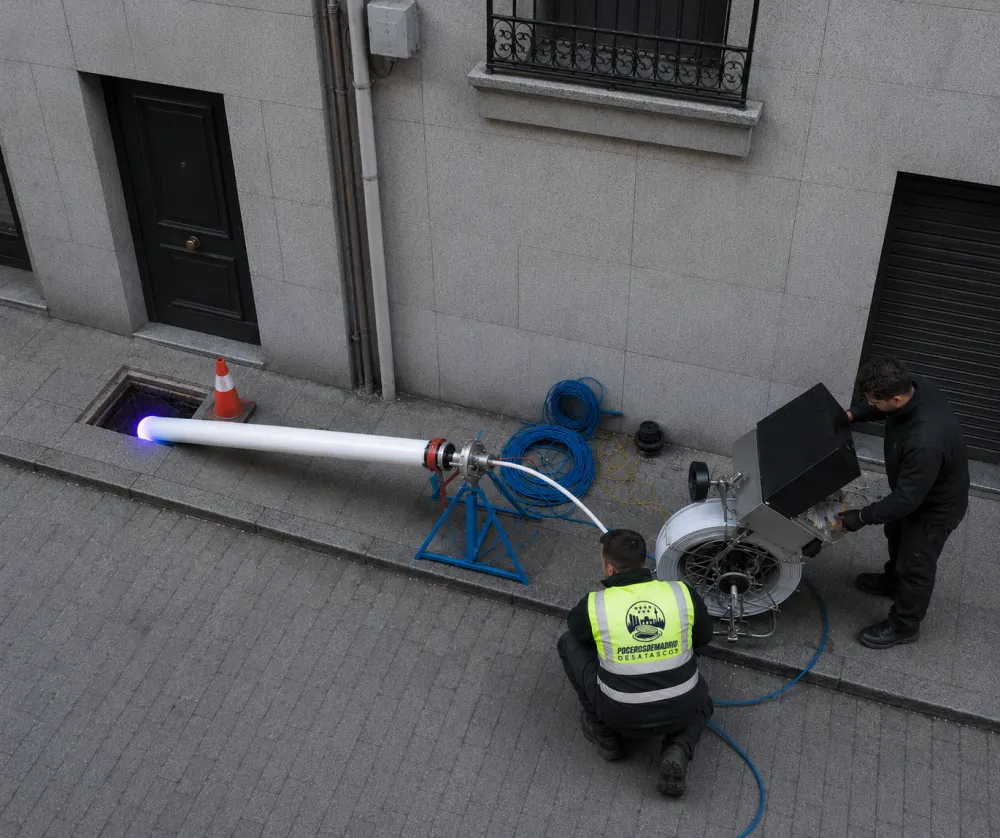 Manga de rehabilitación iluminada desde dentro por el equipo de curado, tendida en la acera junto a la arqueta abierta y los carretes de manguera