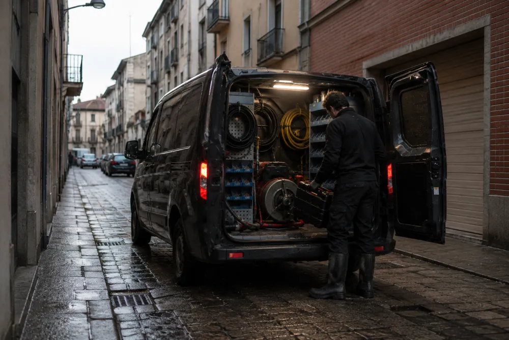 Furgoneta de desatascos con las puertas traseras abiertas en una calle estrecha mojada al anochecer, con el interior iluminado, los carretes de manguera dentro y el operario cogiendo herramienta